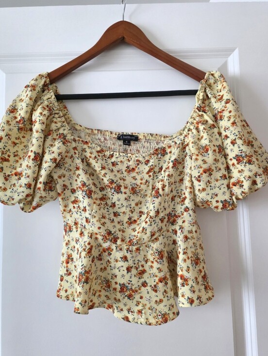 Tops - Floral Puff Sleeve Blouse Smocked Back Cropped Womens S Cottage Core Boho Preppy